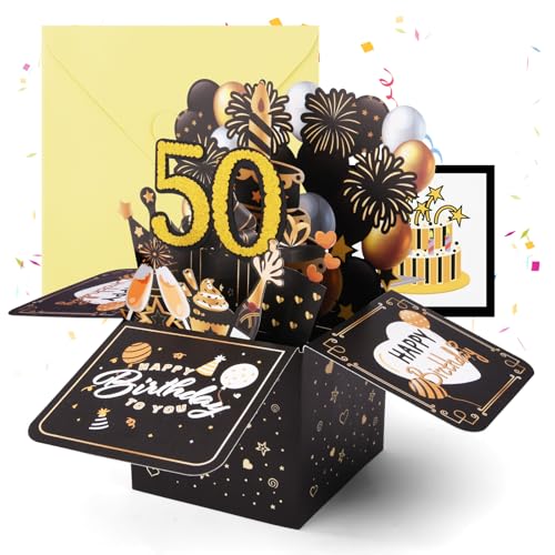 OFFCUP 50 Anni Biglietto Auguri Compleanno 3D Biglietti Auguri Regalo Divertente Pop Up Biglietti di Compleanno con Busta e Carta Biglietto di Auguri per Uomo Donna Famiglia Amica Festa