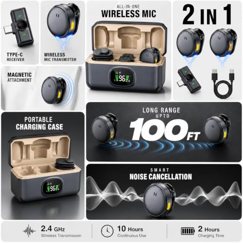 Image of Q8 Wireless Lavalier Microphone with Digital Power Display, One Receiver Two Transmitters, Noise Reduction Clip-On Mic for Mobile, DSLR Camera, Podcast, YouTube Recording & Content Creators