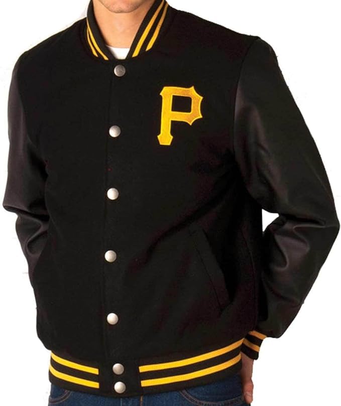 Mens Pittsburgh P Logo Baseball Varsity Pirates Black Letterman Bomber Jacket2