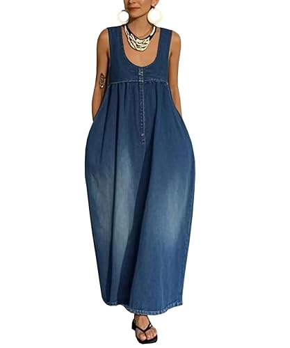 Women's Sleeveless Oversized Vest Maxi Flowy Denim Dress Casual Layered