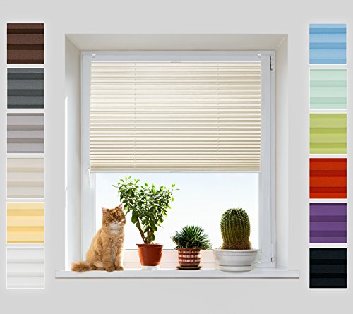 Plissee Rollo ohne Bohren - Jalousie mit easyfix Metall Klemmträger | SUPER Pearl Stoffkollektion | Stoffprobe | Faltrollo Sichtschutz, Sonnenschutz - [Creme, Stoffmuster, B: 20cm, H: 20cm] Cover