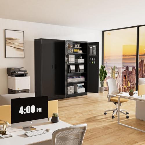 image for Greenvelly Metal Garage Storage Cabinet with with Pegboard,Black Tool 