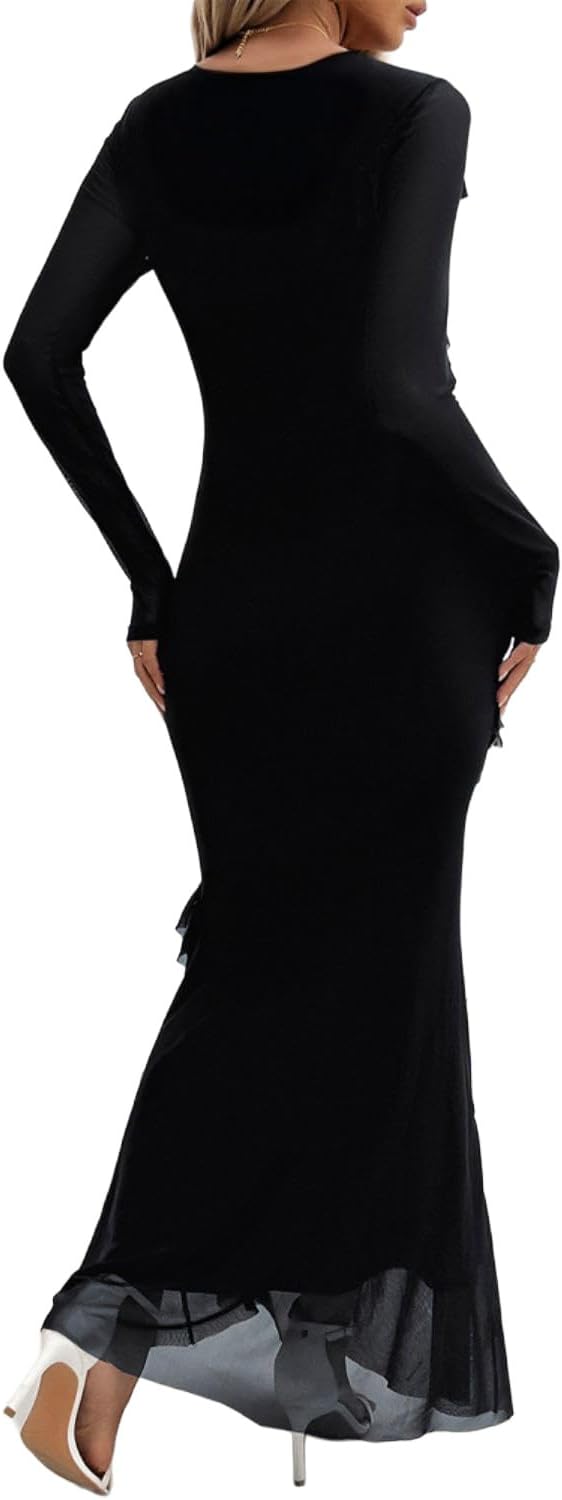 Womens Long Sleeve Mesh Bodycon Dress 2025 Fall Wedding Guest Cocktail Maxi Dresses - Image 4