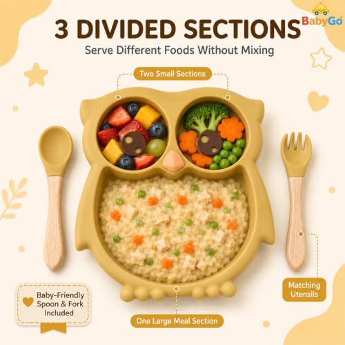 Image of BabyGo Silicone Suction Plate for Babies & Toddlers | 3-Section Owl-Shaped Feeding Set | Strong Suction Cups | BPA-Free, Microwave Safe | Self-Feeding| 1 Plate & 2 Spoons | Yellow
