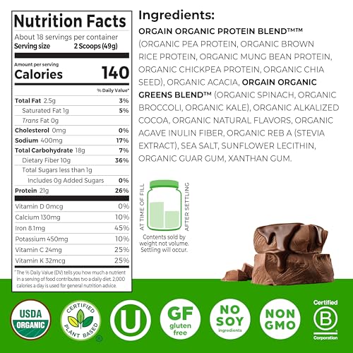 Orgain Organic Vegan Protein Powder + Greens, Creamy Chocolate Fudge - 21g Plant Based Protein, Gluten Free, Dairy & Lactose Free, Soy Free, No Sugar Added, Iron & Prebiotics for Gut Health - 1.94lb - image 2