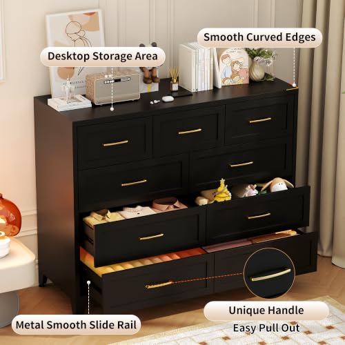 Image of Metal Dresser, 9 Drawer Chest of Drawers for Bedroom, Black