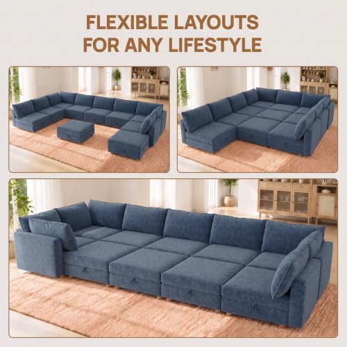 Image of 99 inch Chenille Modular Sofa Bed with Washable Covers & Storage, 10-Seater Modular Sectional Sleeper Sofa Bed with Movable Ottoman Chaise, Convertible Sleeper Sectional Couches for Living Room, Blue