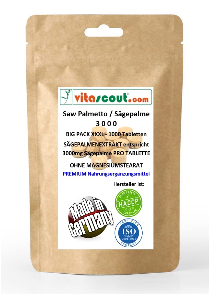 Saw Palmetto Extrakt – 1000 Tabletten, Sägepalme 3000 – Höchste Dosierung – Ohne Magnesiumstearat – LABORGEPRÜFT - Suchbegriff ist oft: Prostatagesundheit