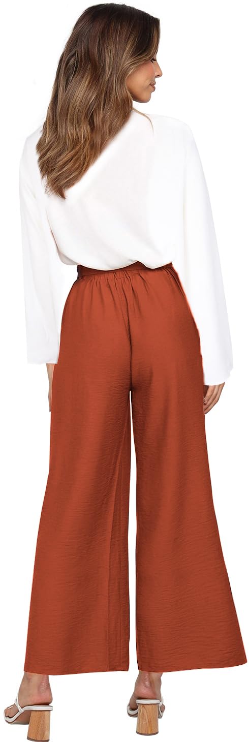 FANCYINN Completo da donna in 2 pezzi, con scollo a V, maniche lunghe, pantaloni a vita alta con cintura, B-orange Pantaloni & Bianco Maniche Lunghe Top, Large