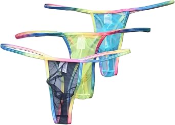 Mens Sexy Thong Gradient Color See Through Transparent T-back Thong Micro Mesh Underwear