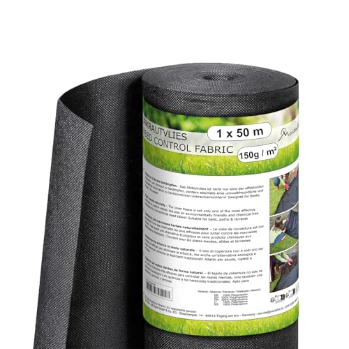 Montafox Unkrautvlies 50m 150g/m Wasserdurchlässig Reißfest 1 x 50m gerollt Gartenvlies gegen Unkraut UV-Stabil für Beete Wege & Terrassen