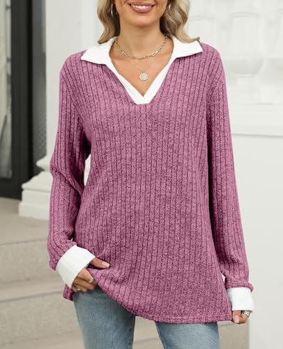 Women's V Neck Sweaters Pullover Color Block Collar Long Sleeves Loose Fit Casaul Lightweight Polo Tunic Tops Shirts2
