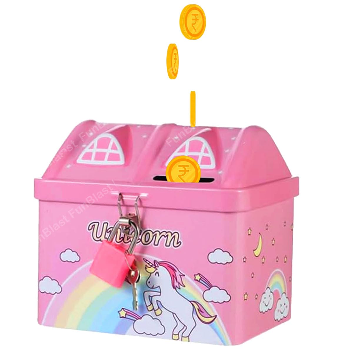 FunBlast Money Saving House Shape Tin Coin Bank With Lock And Key - Unicorn Coin Box, Piggy Bank, Multi