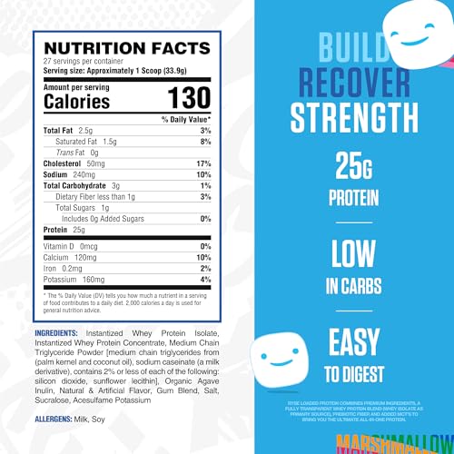 ryse loaded protein powder - jet-puffed marshmallow - 25g whey protein isolate amp concentrate with prebiotic fiber amp mcts - low carb low sugar digestive-friendly - 27 servings  2 lb tub