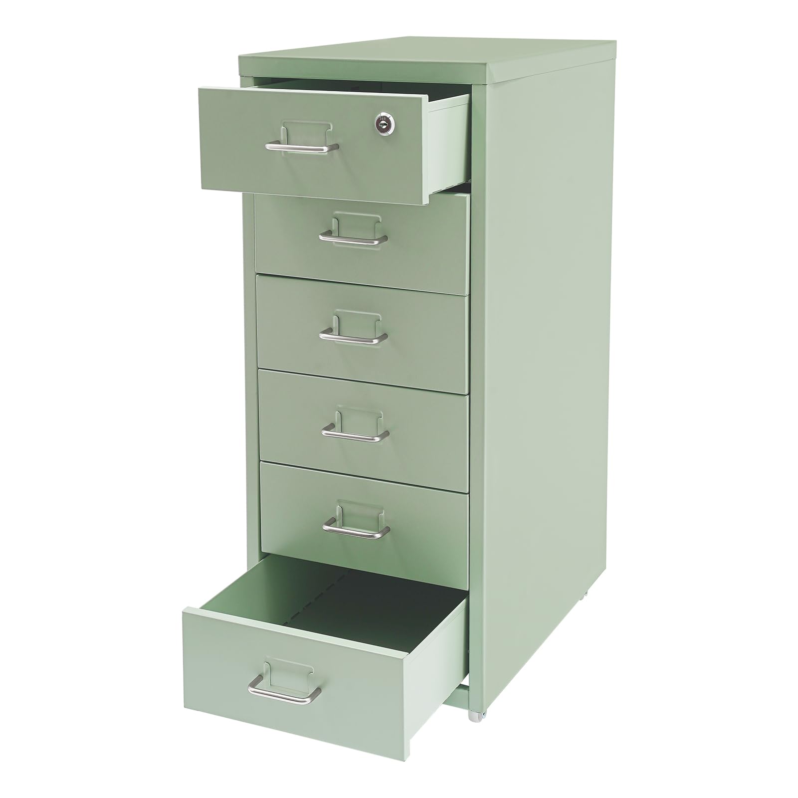 6 Ebenen Mobiler Vertikal Aktenschränke | Rollcontainer | Aktenschrank | Büroschrank mit Rollen | Aufbewahrungsschrank für Home-Office, Abschließbar, 28 x 41 x 69 cm (Grün)