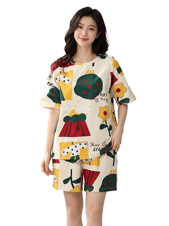 NIZIE Women's Cartoon Print Oversized Night Suit Set, Half Sleeve T-Shirt with Matching Shorts, Soft Loungewear (Free Size)-image-5