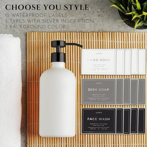 Glass Soap Dispenser Set of 2 (White) with Silicone Tray | Hand and Dish Soap Dispenser for Kitchen and Bathroom | 16.8 Oz Glass Bottles with Stainless Steel Pump & 15 Waterproof Labels (White/Black) - image 5