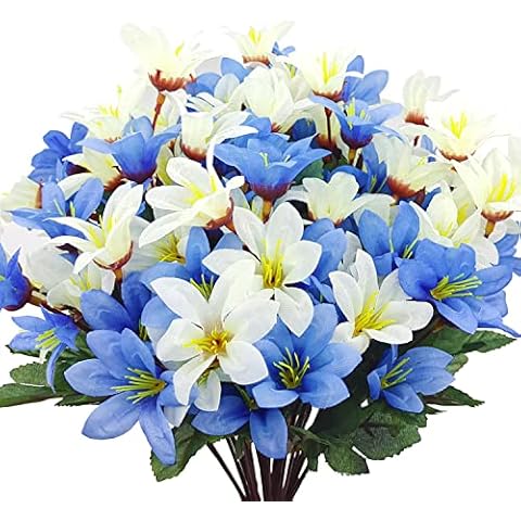 Guagb 8 Bundles Artificial Lily Silk Flowers Fake Floral Bouquet Faux Flower Plants Bulk Arrangements for Outdoor Indoor Home Wedding Table Vase Porch Decor (Blue White) Cover