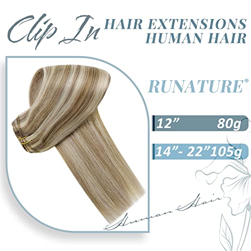 RUNATURE Human Hair Extensions Ash Brown Highlight Blonde Clip in Hair Extensions Real Human Hair Blonde 10 Inch 80 Gram 7pcs - Image 2