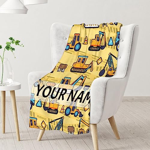 Personalized Construction Truck Blanket Gifts with Name - 50x60 Inches Funny Throw Blanket for Boys & Kids - Yellow Soft Fuzzy Excavator Blankets for Bed, Couch & Living Room
