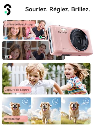 SOOMFON Appareil Photo Numérique Max 72MP avec vidéo 1080P, Digital Camera Zoom 16X 19 Filtres, Appareil Photo Compact avec 2 Batteries et Carte 32 Go, Digital Camera pour Adulte/Débutant/Enfant-Rose – Image 5