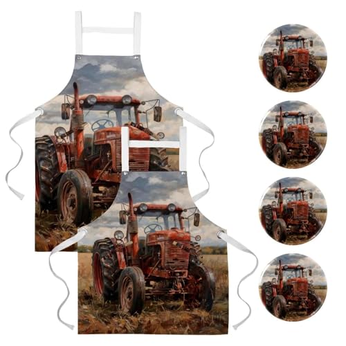 Tabliers de cuisine avec 4 broches au motif de tracteur vintage agricole