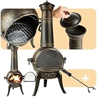 tectake Chiminea Fire Pit in Rustic Design, Log Burner with Sheet Steel Chimney & Cast Iron Base, Lockable Spark Screen, Removable Grill & Matching Poker - 44 x 52 x 115 cm Patio Heater for Garden