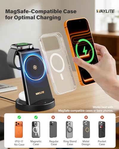 Image of 3 in 1 Fast Charging Station for iPhone, 25W Wireless Magnetic Phone Charger for iPhone 17 16e 16 15 14 13 12 Serise, Watch Charger Stand, Wireless Charging Station for AirPods 4 3 Pro, Dark Black