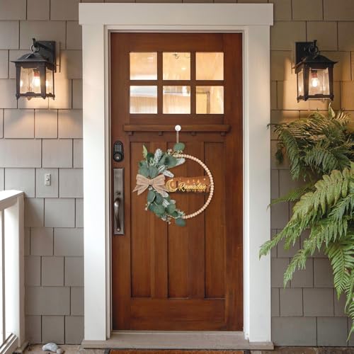 Image of HPNIUB Ramadan Door Sign, Eid Mubarak Decoration for Muslim Home Room, Islam Mubarak Wooden Hanging Sign Wreath, Ramadan Hollow Wall Art for Ramadan Mubarak Party Supplies