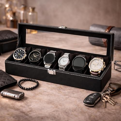 Image of Watch Box Organizer for Men and Women, 6 Slots, Leatherette, Black, Gift Box