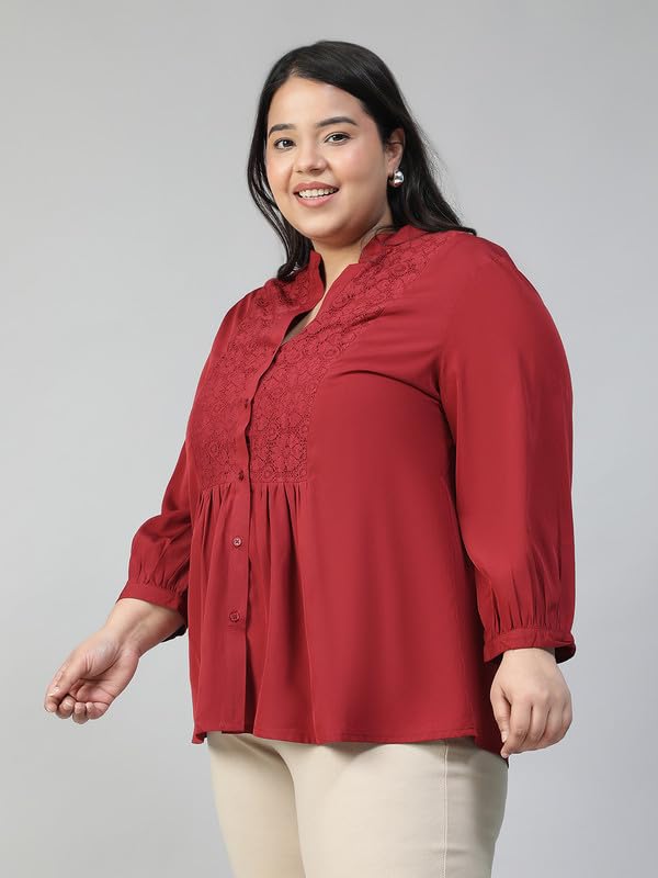 Image of oxolloxo Plus Size Polyester Casual Tops | Relaxed Fit Solid Solid V-Neck |Regular Curved Tops ForPlus Size Women |Green