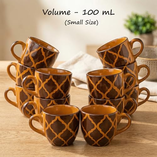 Image of D'Maiolica Handpainted Ceramic Small Cups 12 Pcs Set | Cups for Tea,Coffee,Espresso | Beautiful Small Coffee Mug Set | Ideal Gifting Option | Brown &Black Morrocon Pattern (Black &Brown Handpainted)