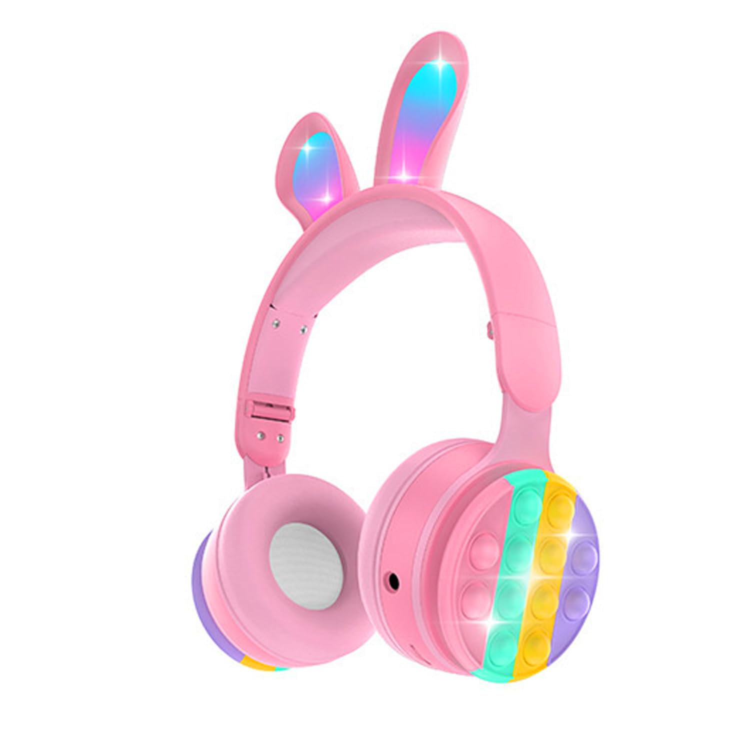Brain Giggles Foldable Rabbit Ear Wireless Bluetooth On-Ear Headphone with Pop Bubbles for Kids LED Lights Silicone Headphone Stereo Wireless Bluetooth Headset for Mobilephone Tablet PC (PINK)