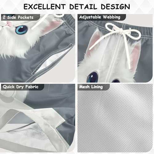 Pigsaly Boys' Swim Board Shorts White Cat Persian Kitty Boy's Swim Trunks Kids Swimwear M3