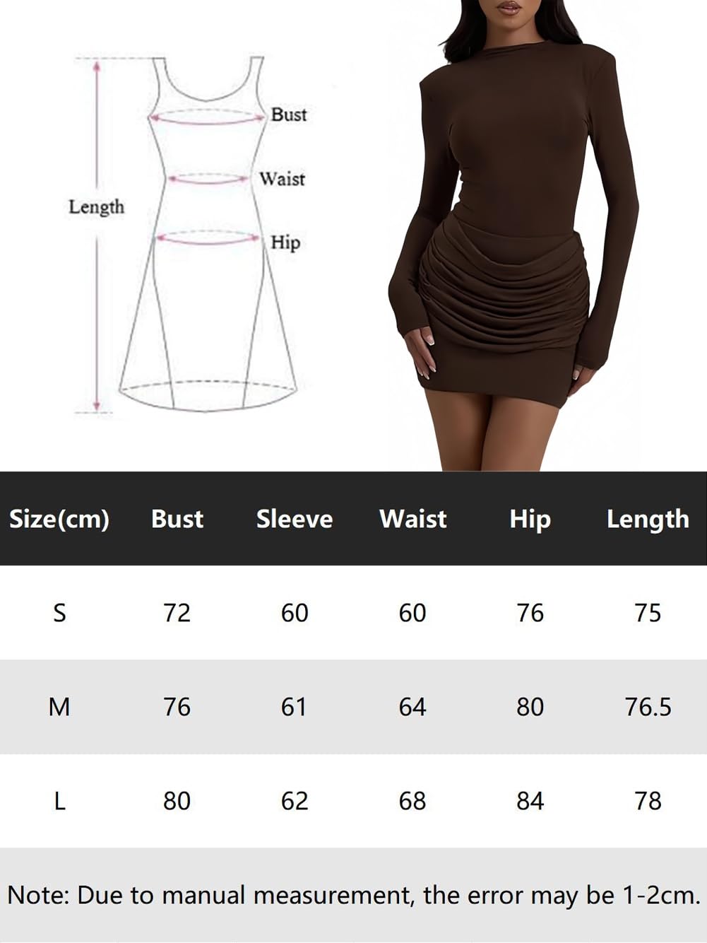 Vestito Donna Elegante Maniche Lunghe Collo Alto Mini Abito con Drappeggio Sexy Vestiti Corto Aderente Tubino Abiti per Festa Discoteca Sera Cocktail Autunno Inverno Casual Streetwear