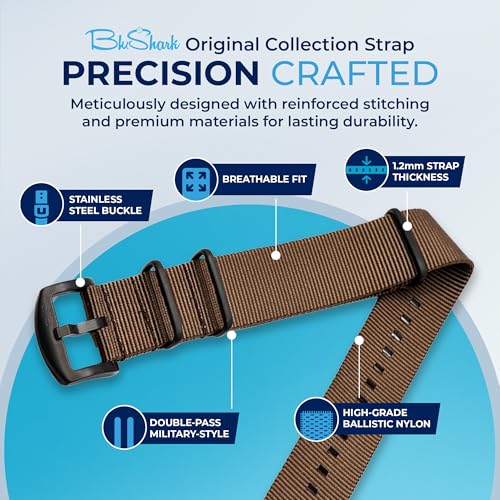 Image of BluShark - Original Collection Military-Style Waterproof Watch Strap, Fits All Timepiece Brands, Durable Nylon Wristwatch Accessories with Stainless Steel Buckle - 18mm, 20mm, 22mm & 24mm Watch Bands