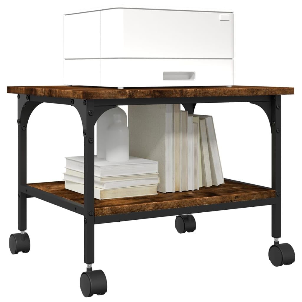 Druckerständer Räuchereiche mit 2 Ablagen 50x40x38 cm Holzwerkstoff und Stahlrahmen, mobiler Druckertisch mit Rollen, Ablagefach für Büroorganisation und Homeoffice Nutzung
