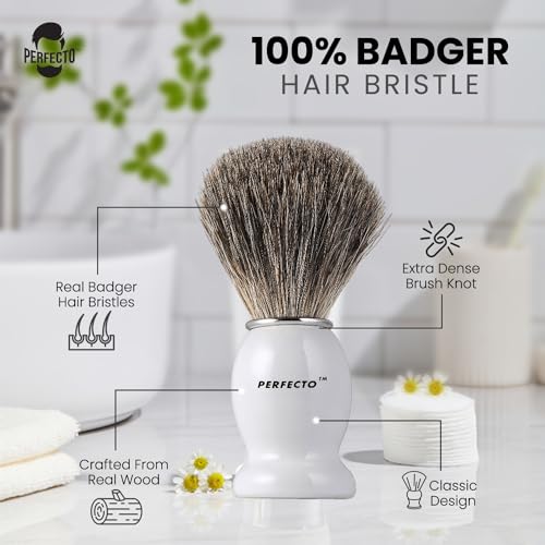 Image of Perfecto 100% Pure Badger Shaving Brush-White Handle, Gift for Dad, Engineered for the Best Shave of Your Life. For Fathers Day Gift, Safety Razor, Double Edge Razor, Straight Razor, Shaving Razor