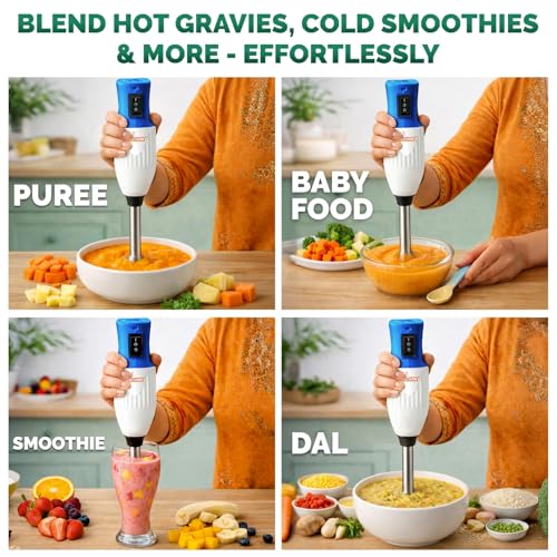 Image of Kanchan Majesty Hand Blender 180W Copper Motor | 3 Stainless Steel Blades for Blending, Whisking & Beating | 2-Speed Control | Low Noise Electric Hand Blender for Kitchen | 2 Year Warranty