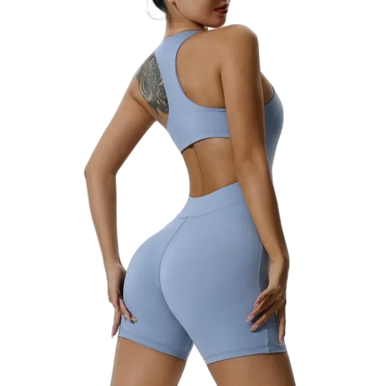 Shapewear Seamless Yoga Jumpsuits Sports Fitness Hip-lifting Sexy Tight Zipper Spodenki Jednoczęściowe Trening Siłownia Dla Kobiet-Light Blue-S