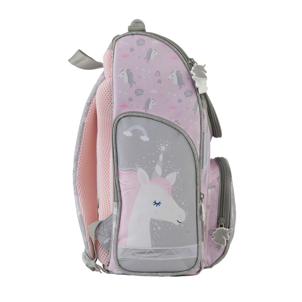 Goldkids - Schulranzen für Mädchen, 4er-Set - Schul-Rucksack für Kinder mit Federmäppchen - Schuhbeutel und Hausaufgabenheft - Einhorn Motiv - 1-3 Klasse