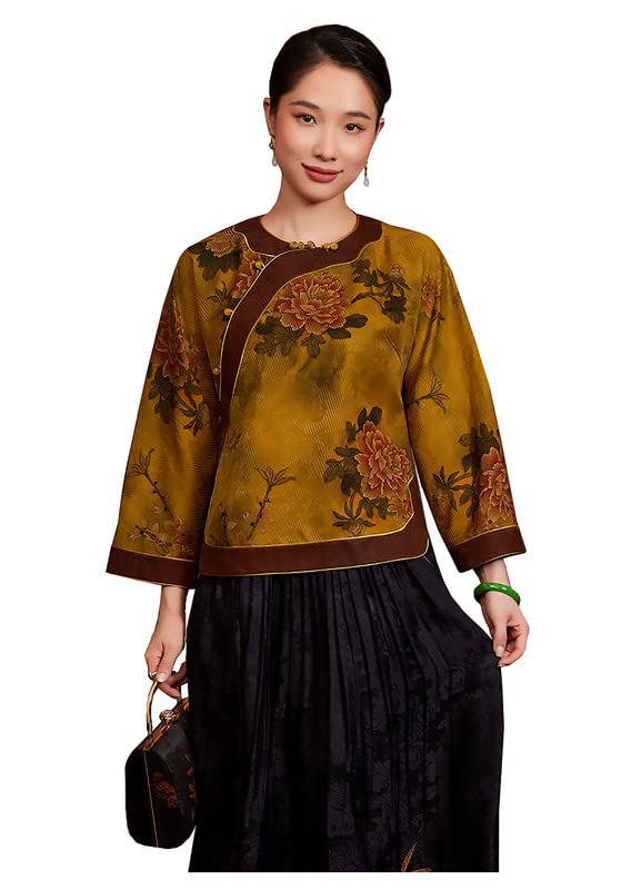 HangErFengMulberry Silk HuaLuo Fragrant Cloud Yarn Oblique Placket Blouse Peony Printed Loose Improved Hanfu 151 XL Size