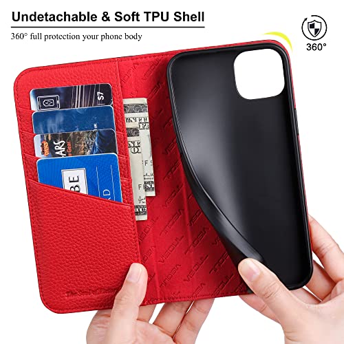 VISOUL Pebbled Leather Case for iPhone 14 Plus, Real Leather Wallet Folio Case with Card Holder for Men and Women, Magnetic Flip Case Cover with Kickstand for iPhone 14 Plus (6.7
