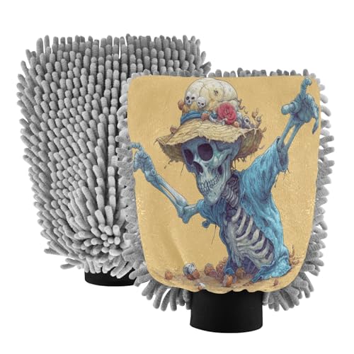 ALAZA Skull Rock Car Wash Mitt Scratch Free, 2 Pack Absorbent Microfiber/Chenille Washing & Drying Mitts, M