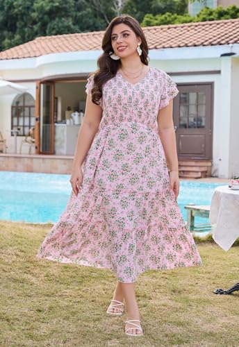 Image of Keluummi Plus Size Wedding Guest Midi Dress for Curvy Women, Summer Casual Boho Floral Empire Waist Party Dress with Pockets