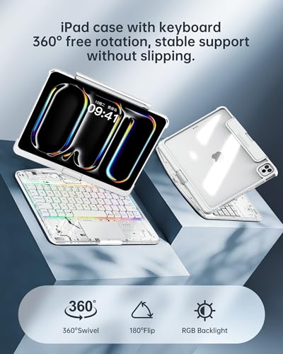 Image of Clear Keyboard Case for iPad Pro 11 Inch (M4 /M5 2024 /2025) 360 Swivel Multi-Touch Trackpad,with Wireless Bluetooth 3-Brightness & 7-Color Backlit, Pencil Holder tecla de acceso directo White
