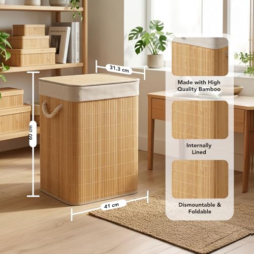 Image of Kura by Ekhasa Laundry Basket with Lid 60L, Bamboo Laundry Basket for Clothes, Foldable Laundry Hamper Basket with Removable Laundry Bag for Bedroom Bathroom Clothes Storage