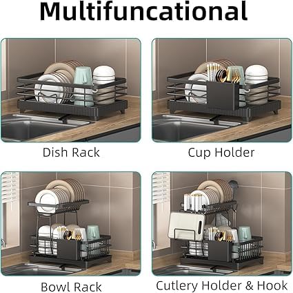 Image of Dish Drying Rack,2-Tier Extendabl Dish Drainer Rack with Drip Tray for Kitchen Counter,Metal Dish Drainer with Cutlery Holder,Drainboard,Cup,Chopping Board Holder,Space-Saving Dish Organizer