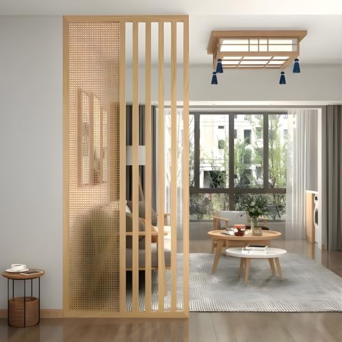 Image of MKH KRAFTS- Premium Wooden Room Divider Handcrafted Natural Wood Partition with Woven Cane Panel Decorative Space Separator for Living Room Bedroom Office (72 x 36 Inch)