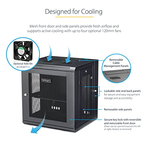 Image of StarTech 12U Wall-Mount Cabinet, 19in, 4-Post, 16in Deep, 198lb (RK12WALHM) | Hinged enclosed locking network server rack kit, Adjustable depth 2.4-16in, SPCC steel, Ships fully assembled